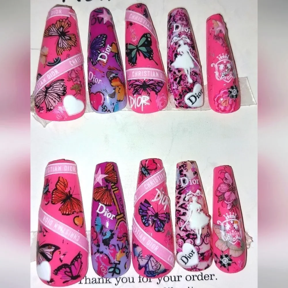Hand crafted custom print 10pc short acrylic press on nails sz large